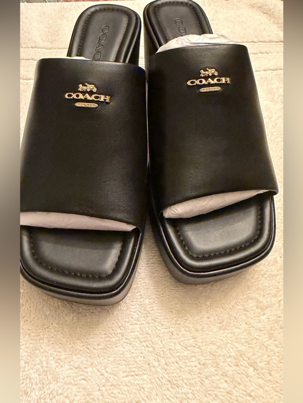 New COACH Black Leather for woman Slide Sandals wedges with Gold Logo